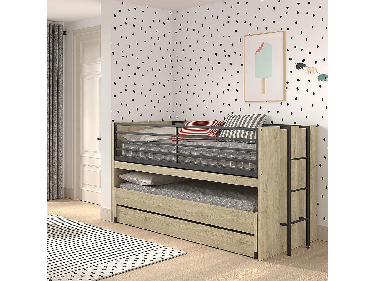 MARCO - Lit Surélevé Gigogne 90x200cm avec Plateau Bureau Coulissant Aspect Chêne clair