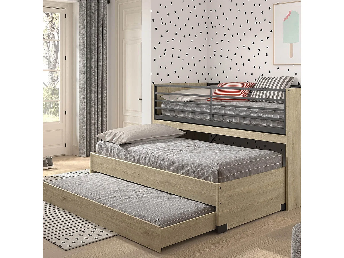 MARCO - Lit Surélevé Gigogne 90x200cm avec Plateau Bureau Coulissant Aspect Chêne clair