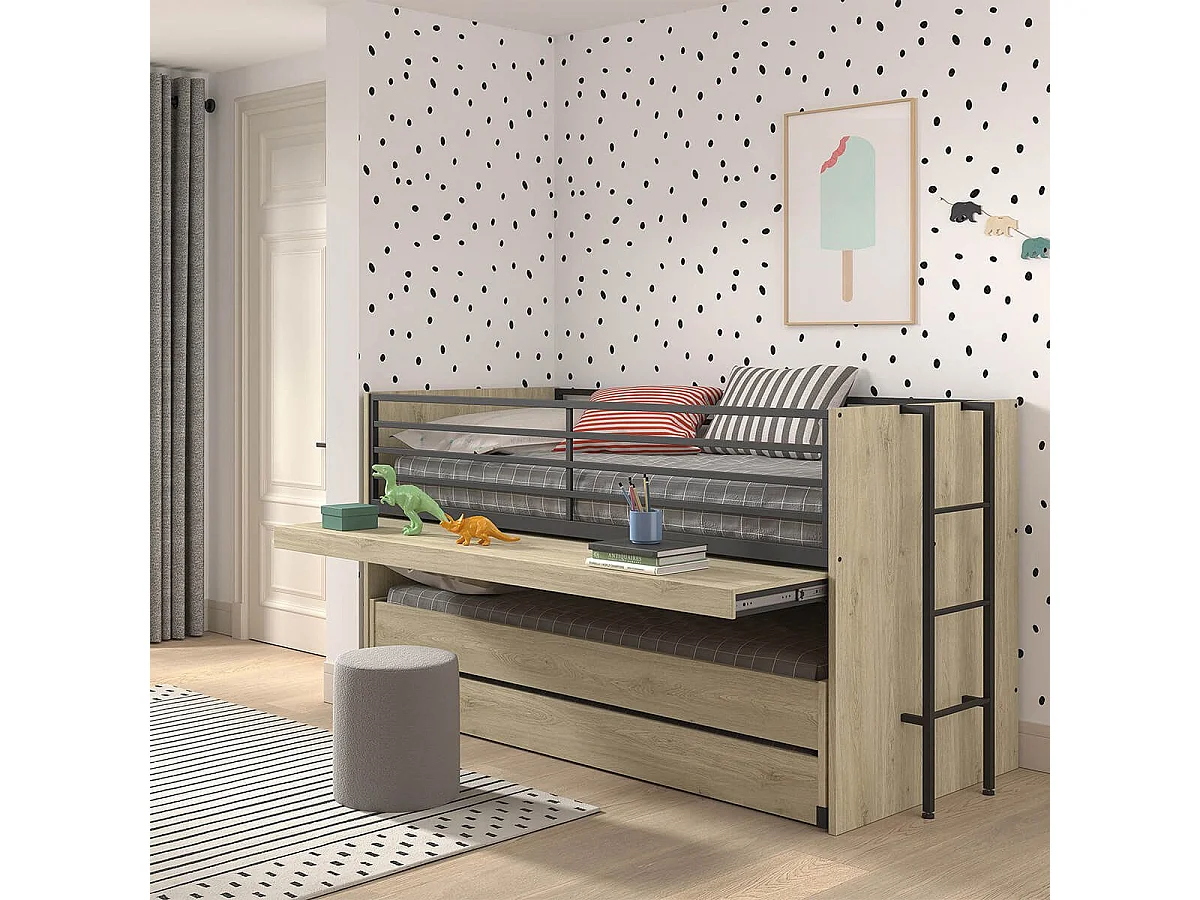 MARCO - Lit Surélevé Gigogne 90x200cm avec Plateau Bureau Coulissant Aspect Chêne clair