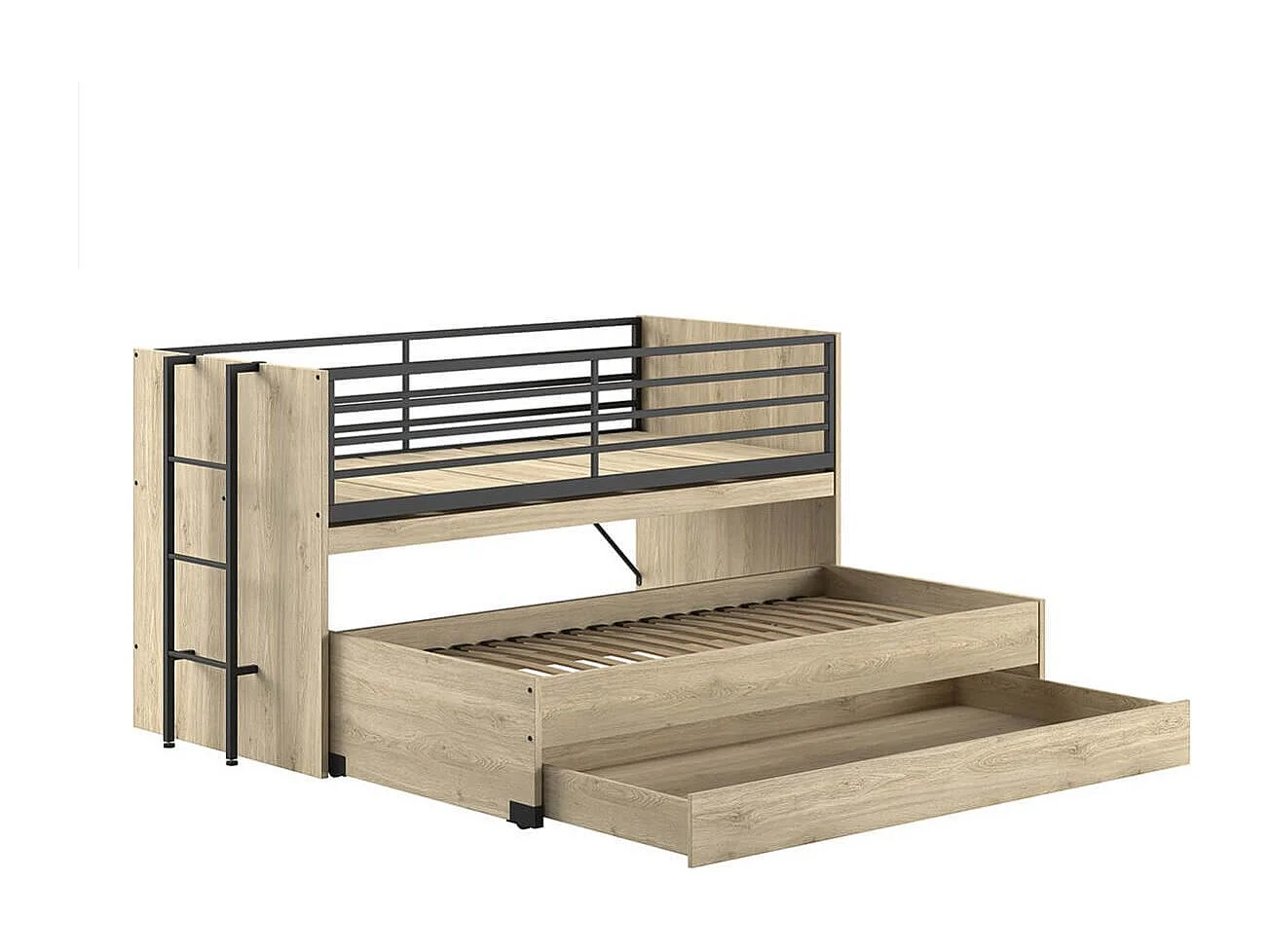 MARCO - Lit Surélevé Gigogne 90x200cm avec Plateau Bureau Coulissant Aspect Chêne clair