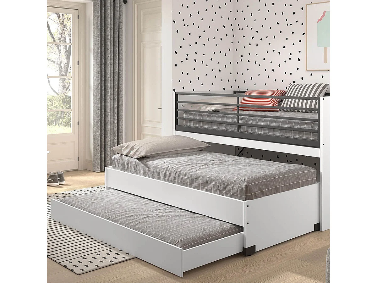 MARCO - Lit Surélevé Gigogne 90x200cm avec Plateau Bureau Coulissant Blanc