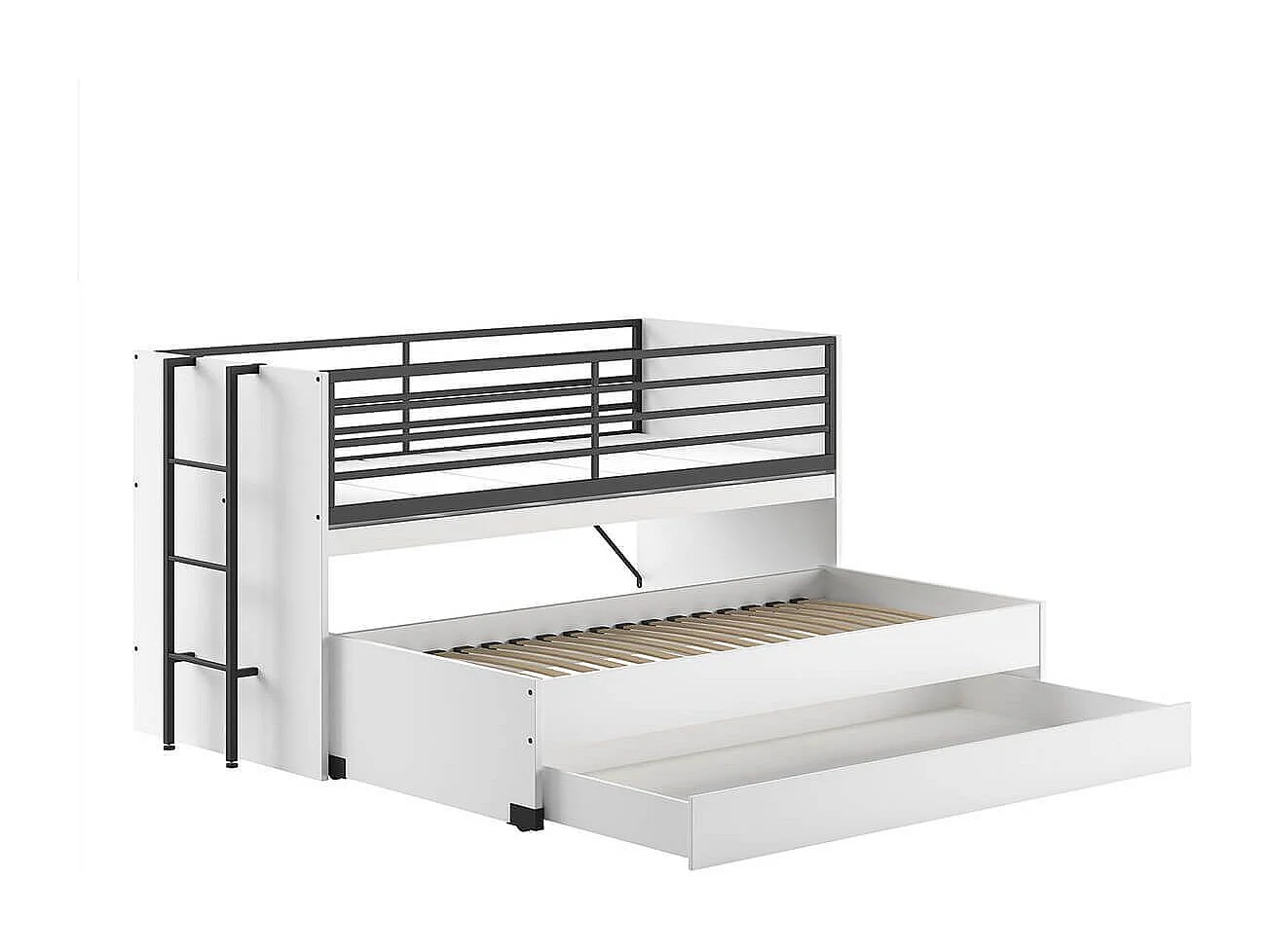 MARCO - Lit Surélevé Gigogne 90x200cm avec Plateau Bureau Coulissant Blanc