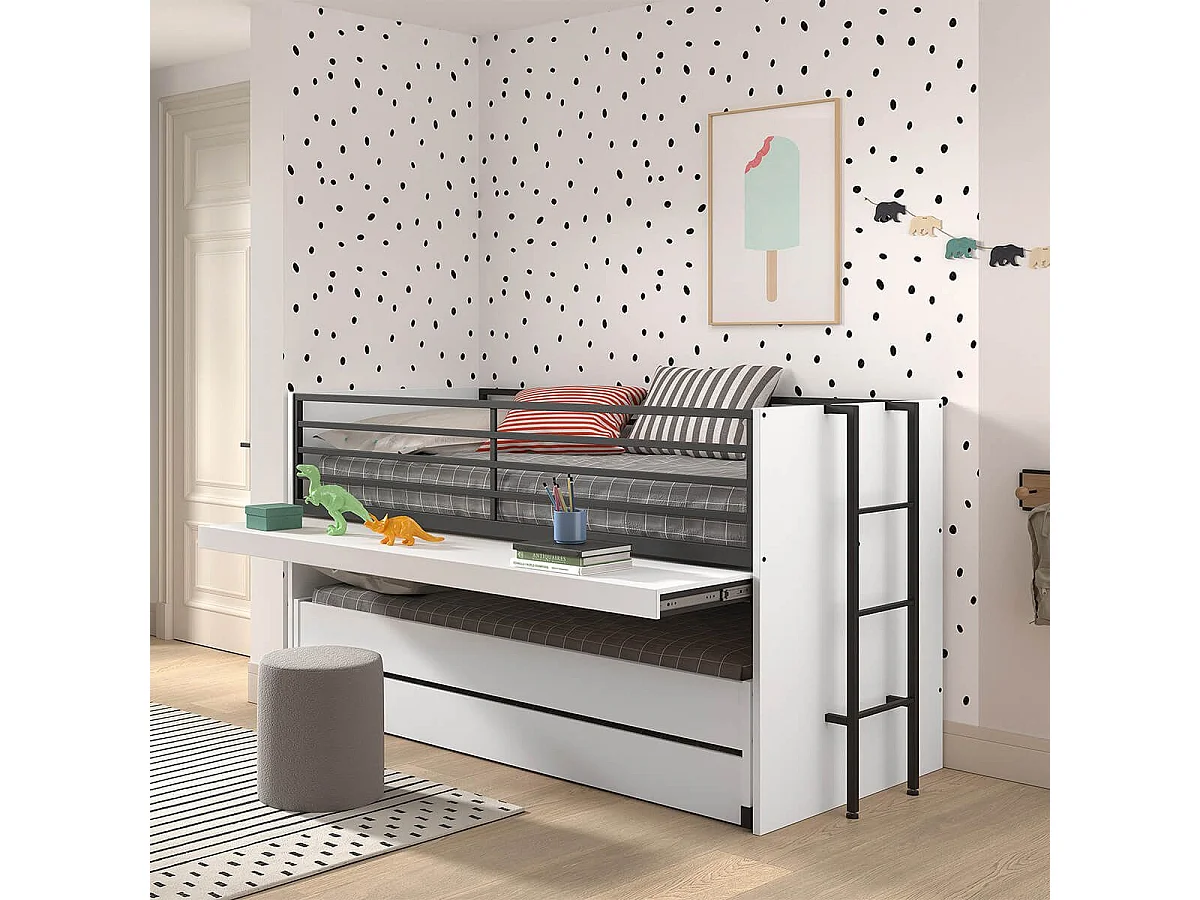 MARCO - Lit Surélevé Gigogne 90x200cm avec Plateau Bureau Coulissant Blanc