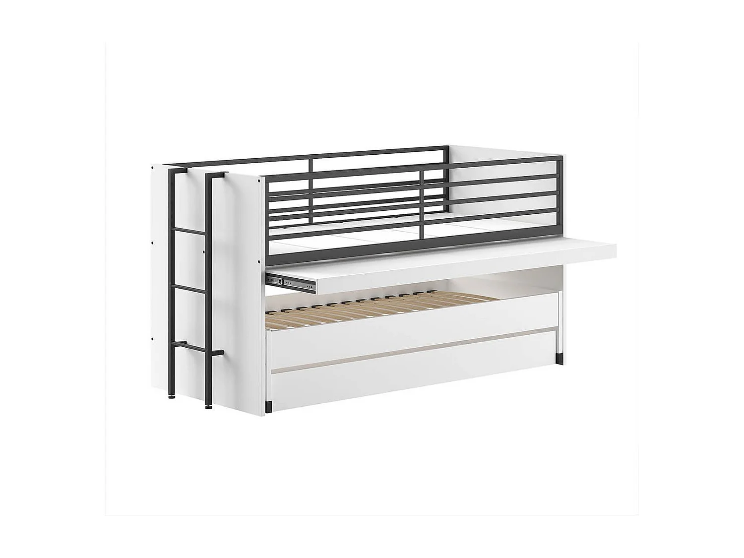 MARCO - Lit Surélevé Gigogne 90x200cm avec Plateau Bureau Coulissant Blanc