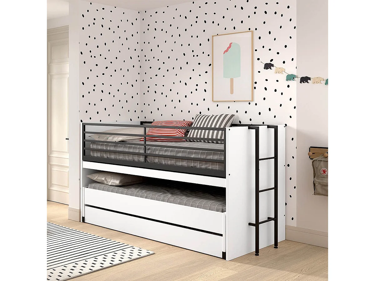 MARCO - Lit Surélevé Gigogne 90x200cm avec Plateau Bureau Coulissant Blanc