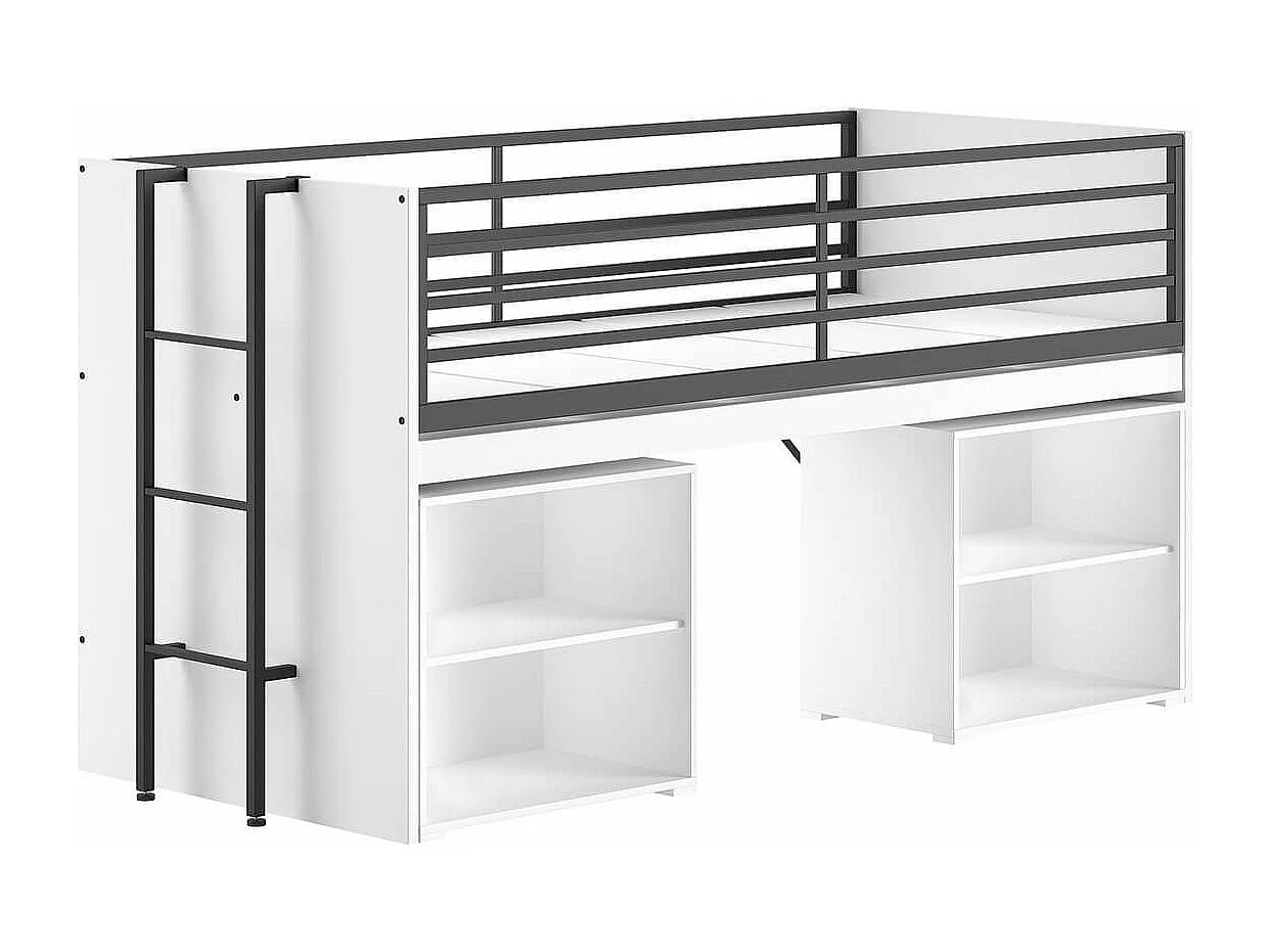 MARCO - Lit Surélevé Combiné 90x200cm Plateau coulissant avec Etagères Blanc