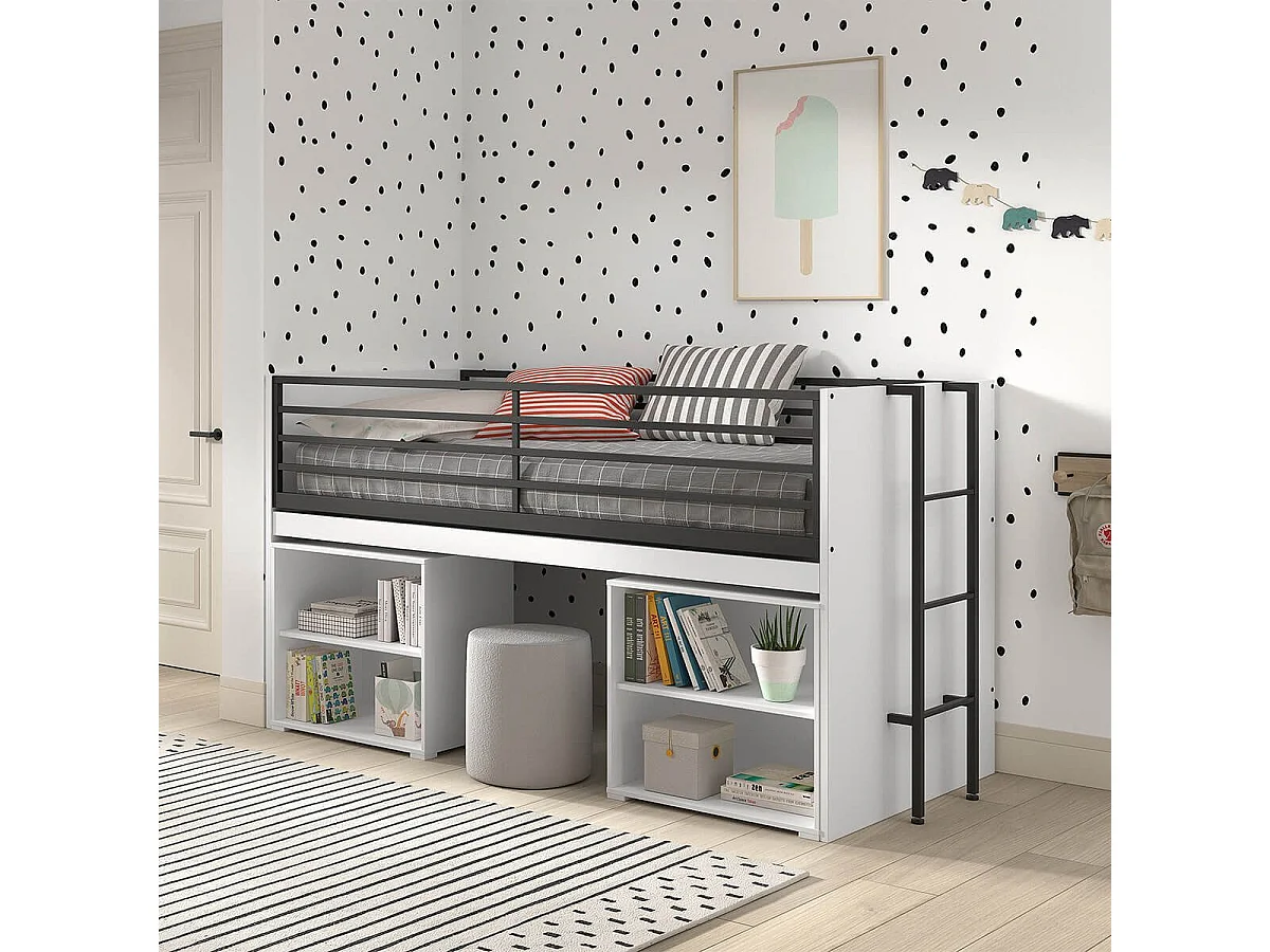 MARCO - Lit Surélevé Combiné 90x200cm Plateau coulissant avec Etagères Blanc