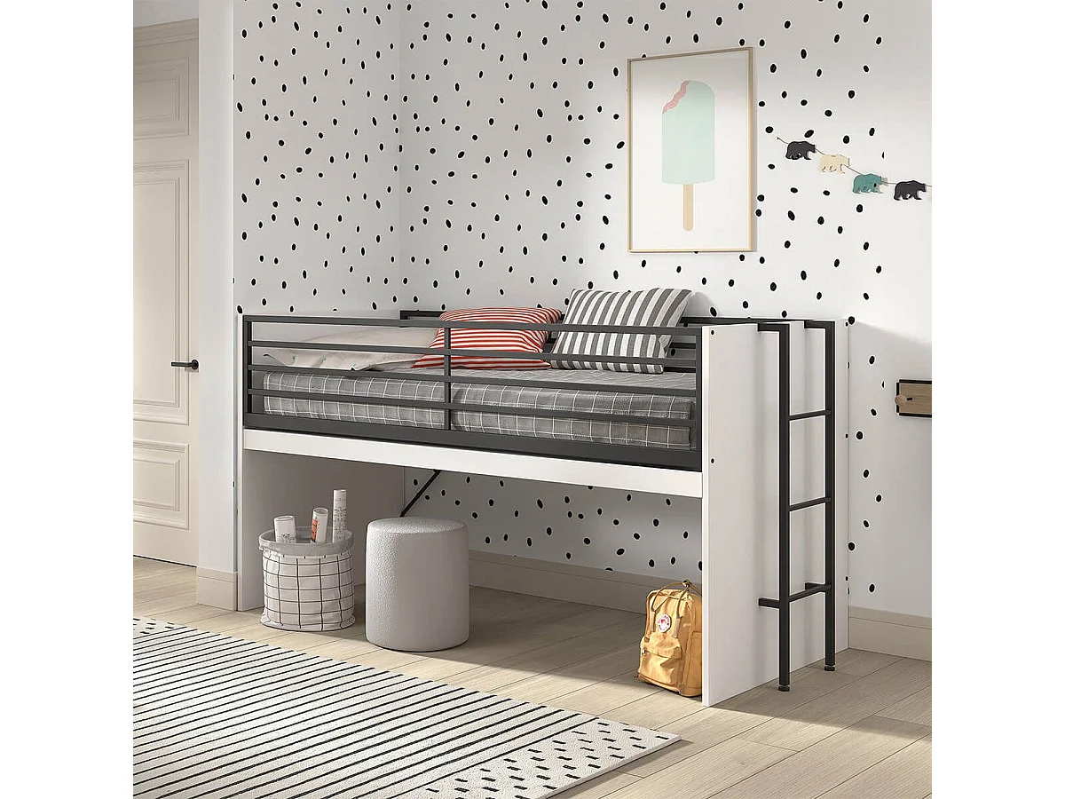 MARCO - Lit Surélevé 90x200cm avec Plateau Bureau Coulissant Blanc