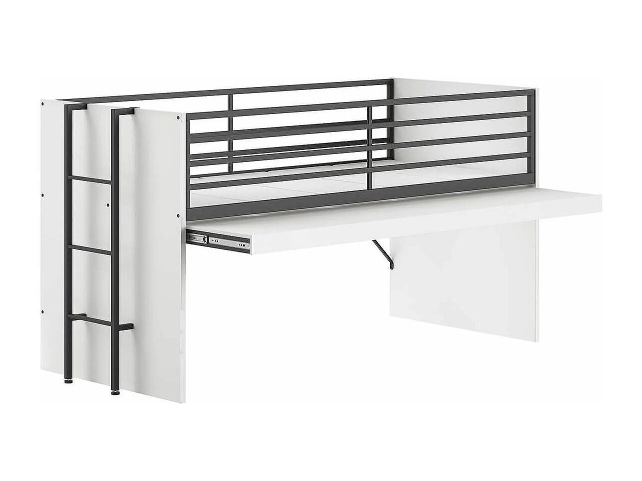 MARCO - Lit Surélevé 90x200cm avec Plateau Bureau Coulissant Blanc