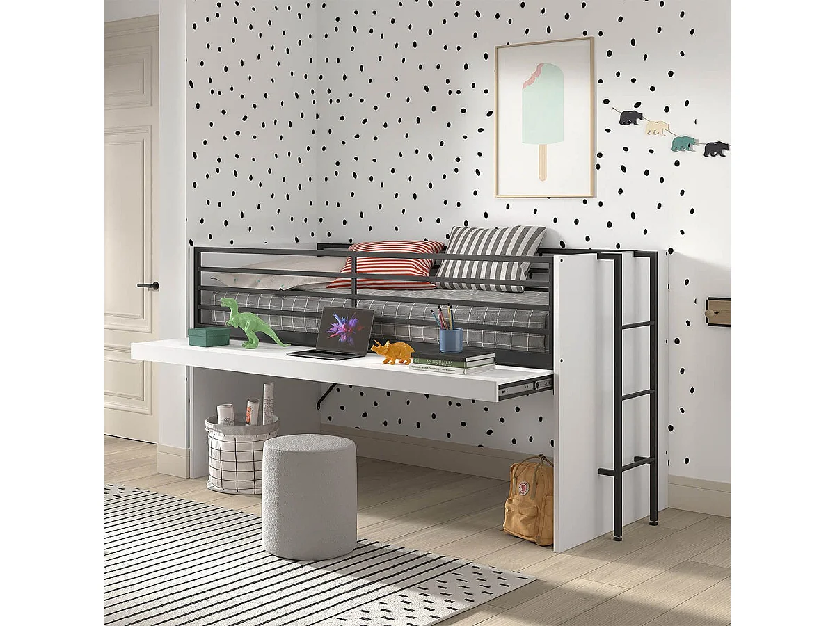 MARCO - Lit Surélevé 90x200cm avec Plateau Bureau Coulissant Blanc