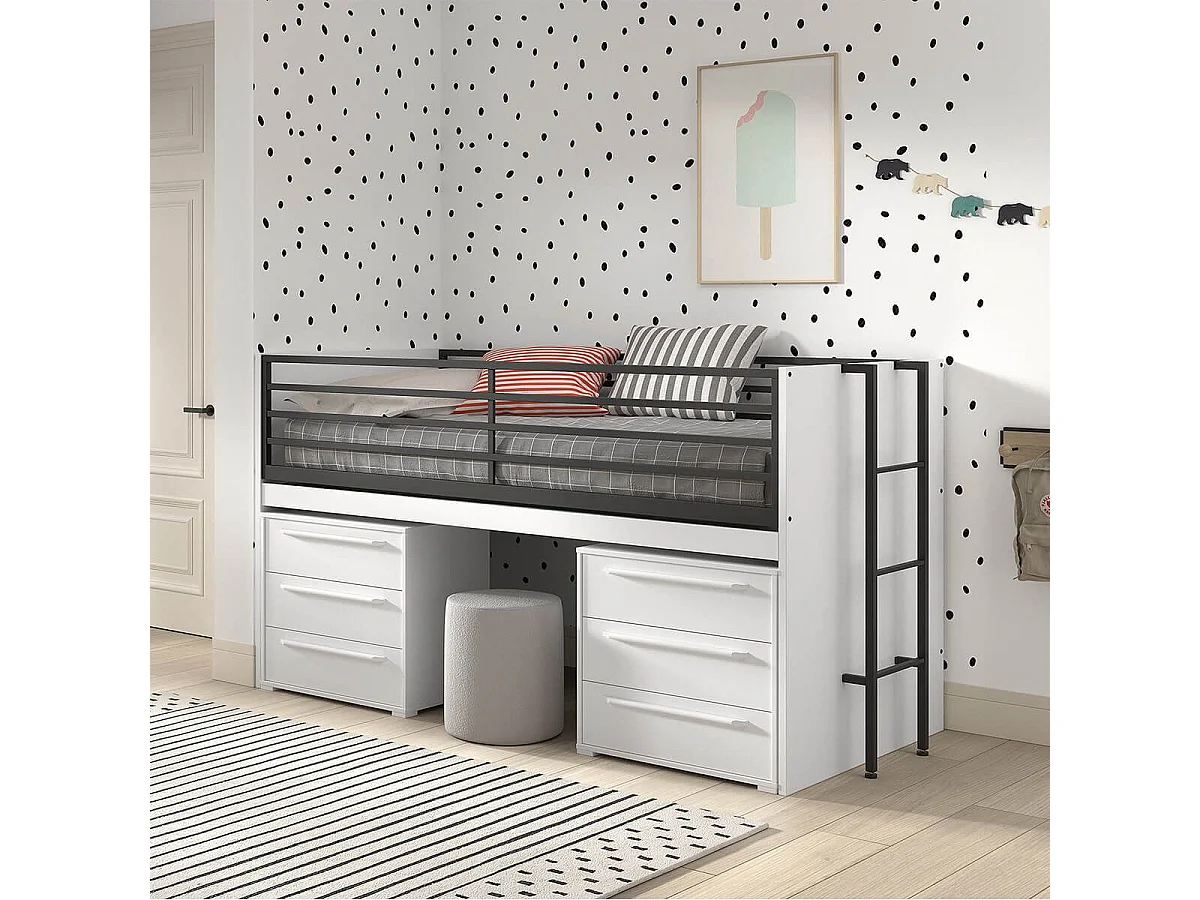 MARCO - Lit Surélevé Combiné 90x200cm Plateau coulissant avec Rangements 3T Blanc