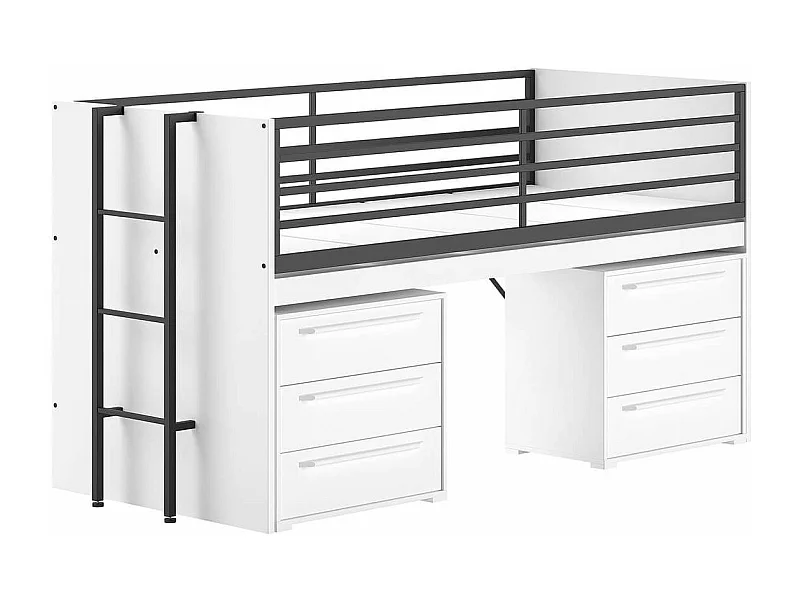 MARCO - Lit Surélevé Combiné 90x200cm Plateau coulissant avec Rangements 3T Blanc