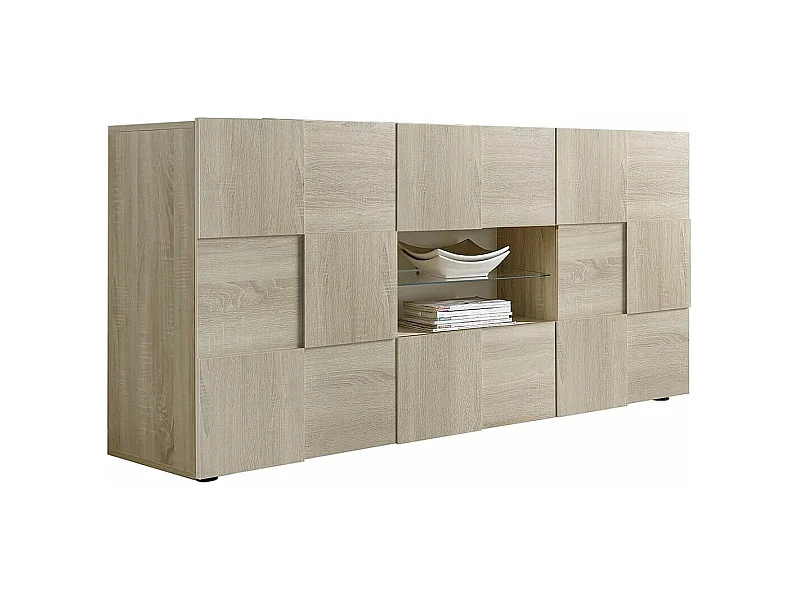 REBECCA - Buffet 2 Portes 2 Tiroirs Finition Aspect Bois Samoa Relief Damiers