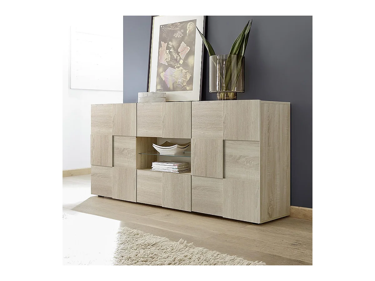 REBECCA - Buffet 2 Portes 2 Tiroirs Finition Aspect Bois Samoa Relief Damiers