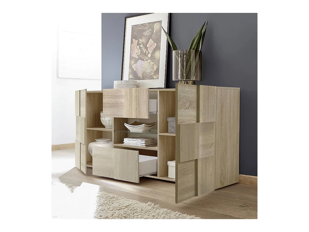 REBECCA - Buffet 2 Portes 2 Tiroirs Finition Aspect Bois Samoa Relief Damiers