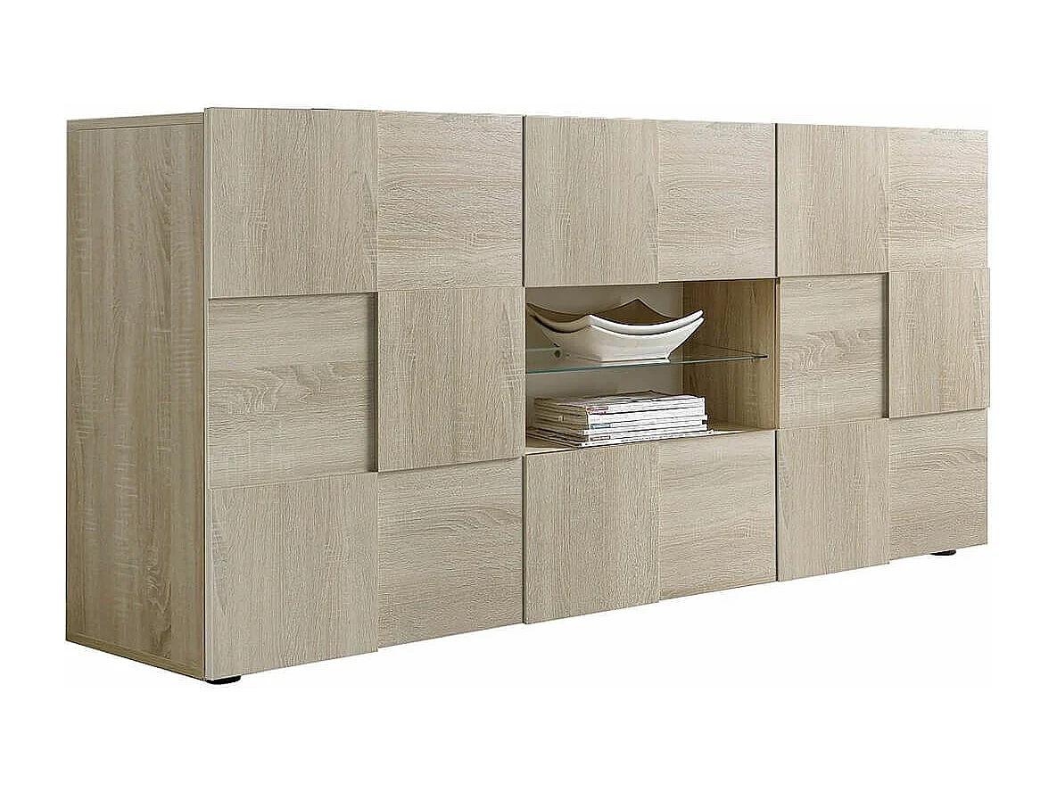 REBECCA - Buffet 2 Portes 2 Tiroirs Finition Aspect Bois Samoa Relief Damiers