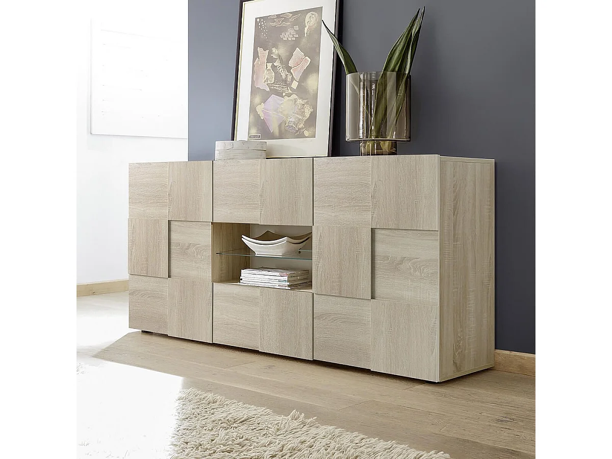 REBECCA - Buffet 2 Portes 2 Tiroirs Finition Aspect Bois Samoa Relief Damiers