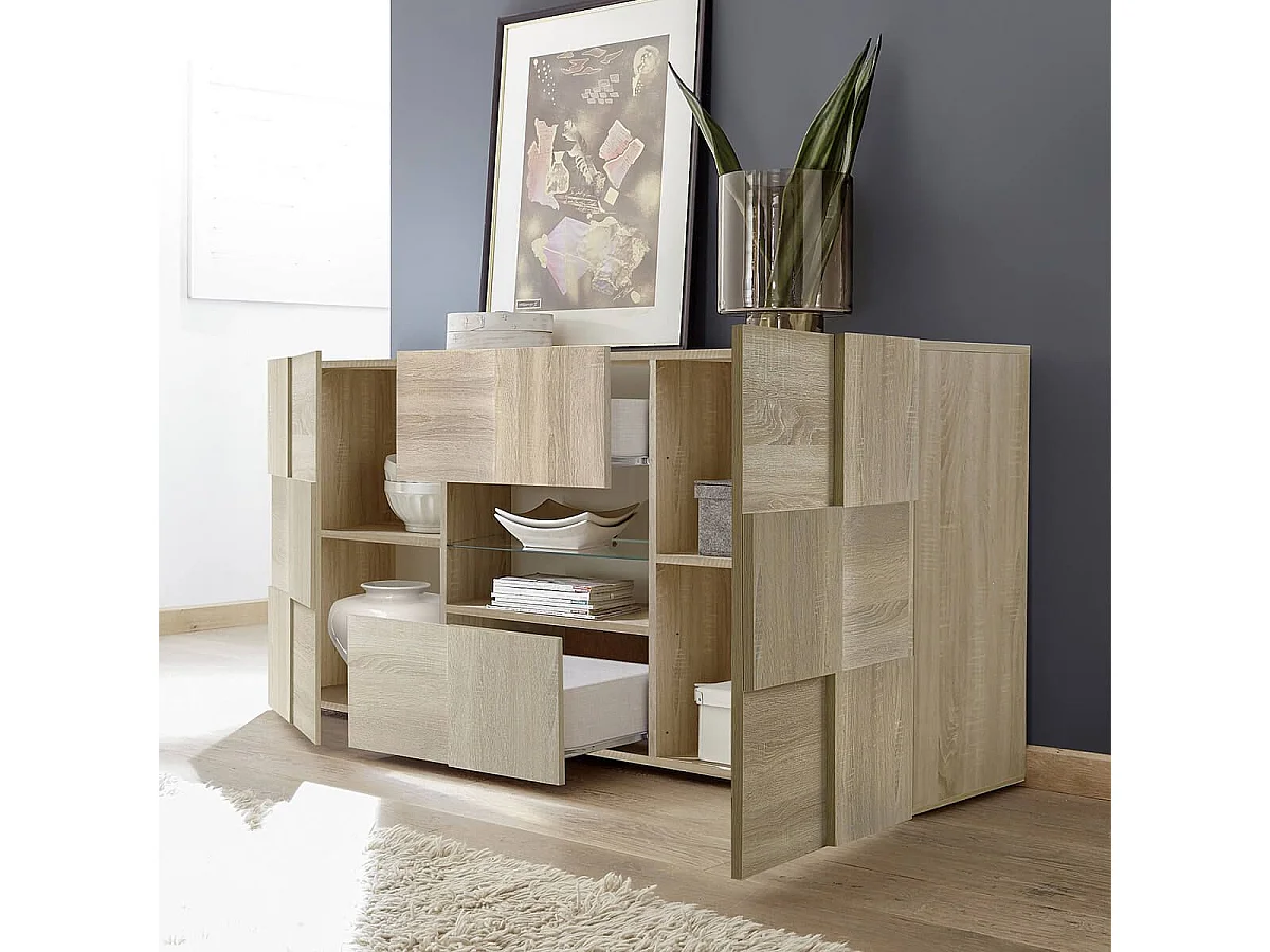 REBECCA - Buffet 2 Portes 2 Tiroirs Finition Aspect Bois Samoa Relief Damiers