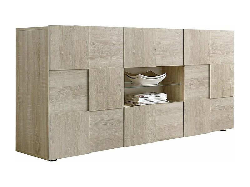 REBECCA - Buffet 2 Portes 2 Tiroirs Finition Aspect Bois Samoa Relief Damiers