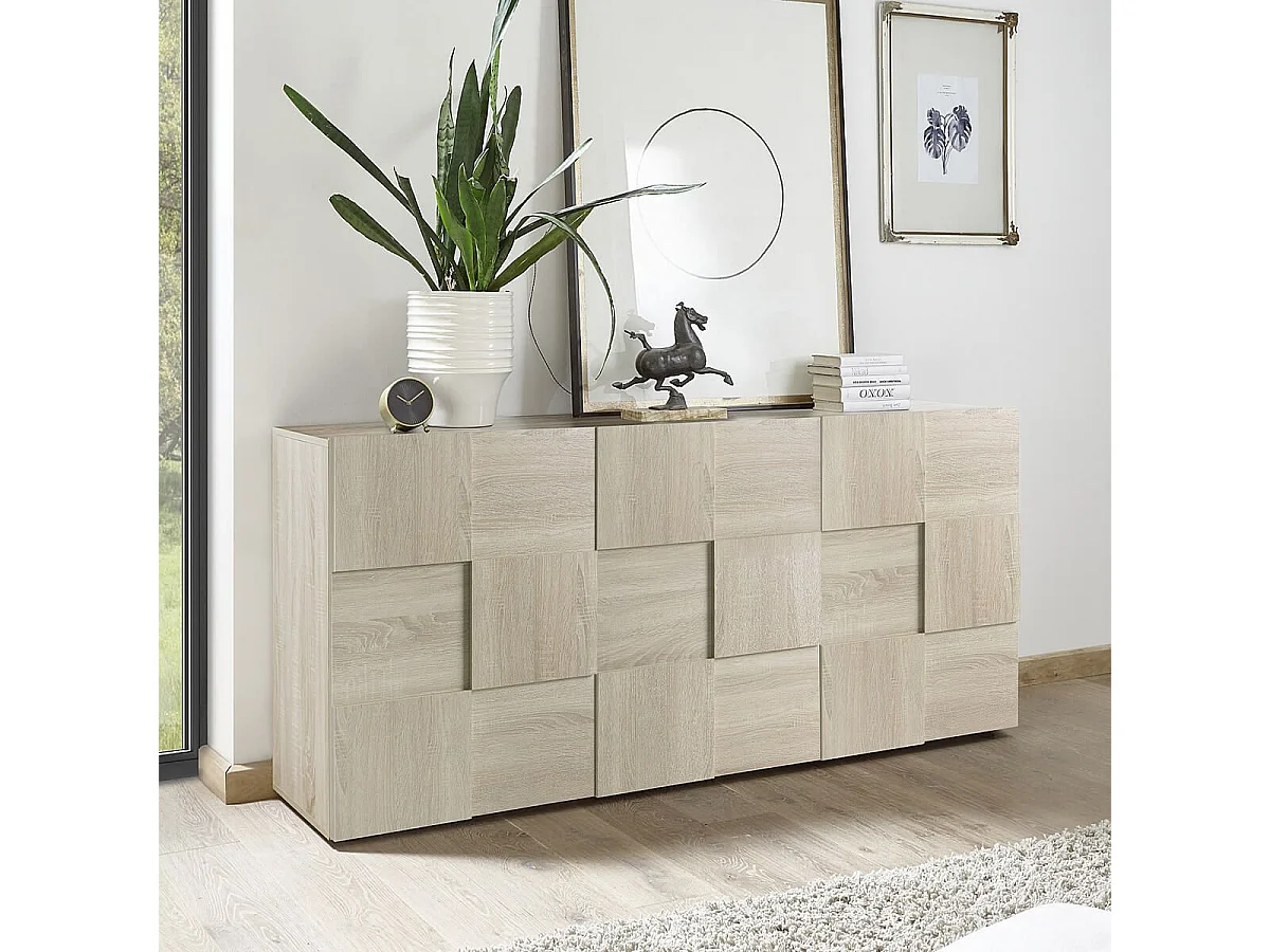 REBECCA - Buffet 3 Portes Finition Aspect Bois Samoa Relief Damiers