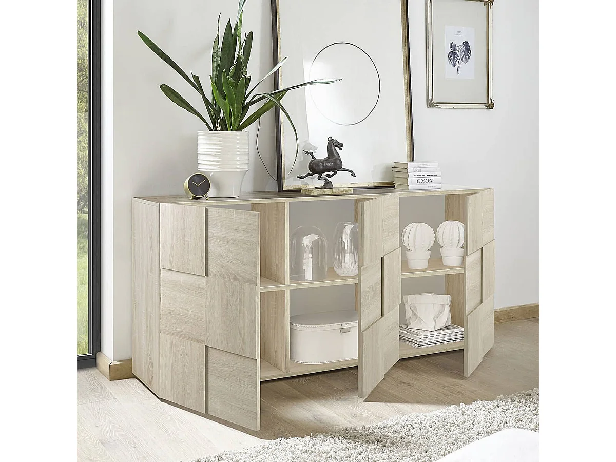 REBECCA - Buffet 3 Portes Finition Aspect Bois Samoa Relief Damiers