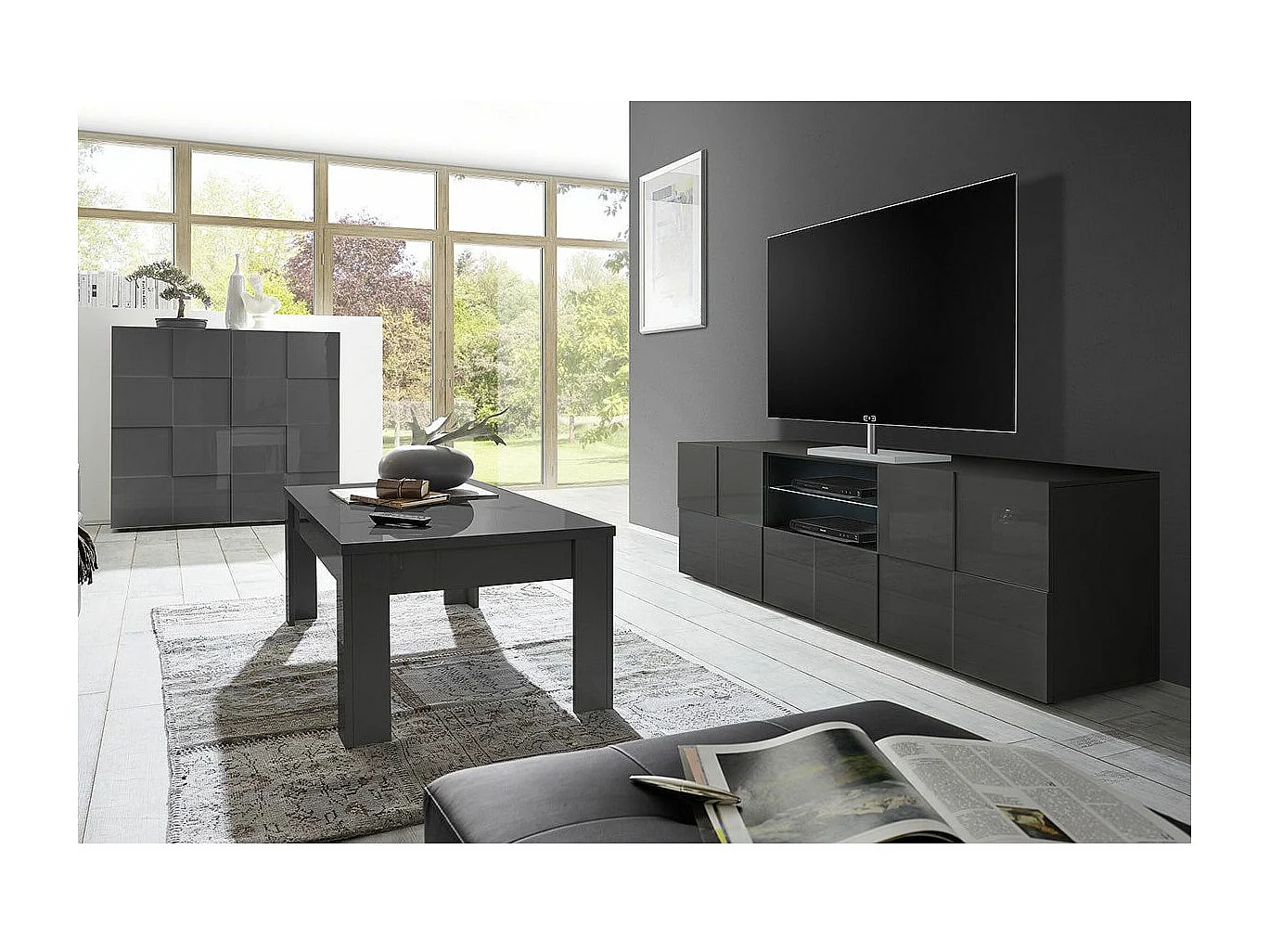 REBECCA - Ensemble Salon complet Meuble TV 181 cm Laqué Gris Carbone Relief Damiers
