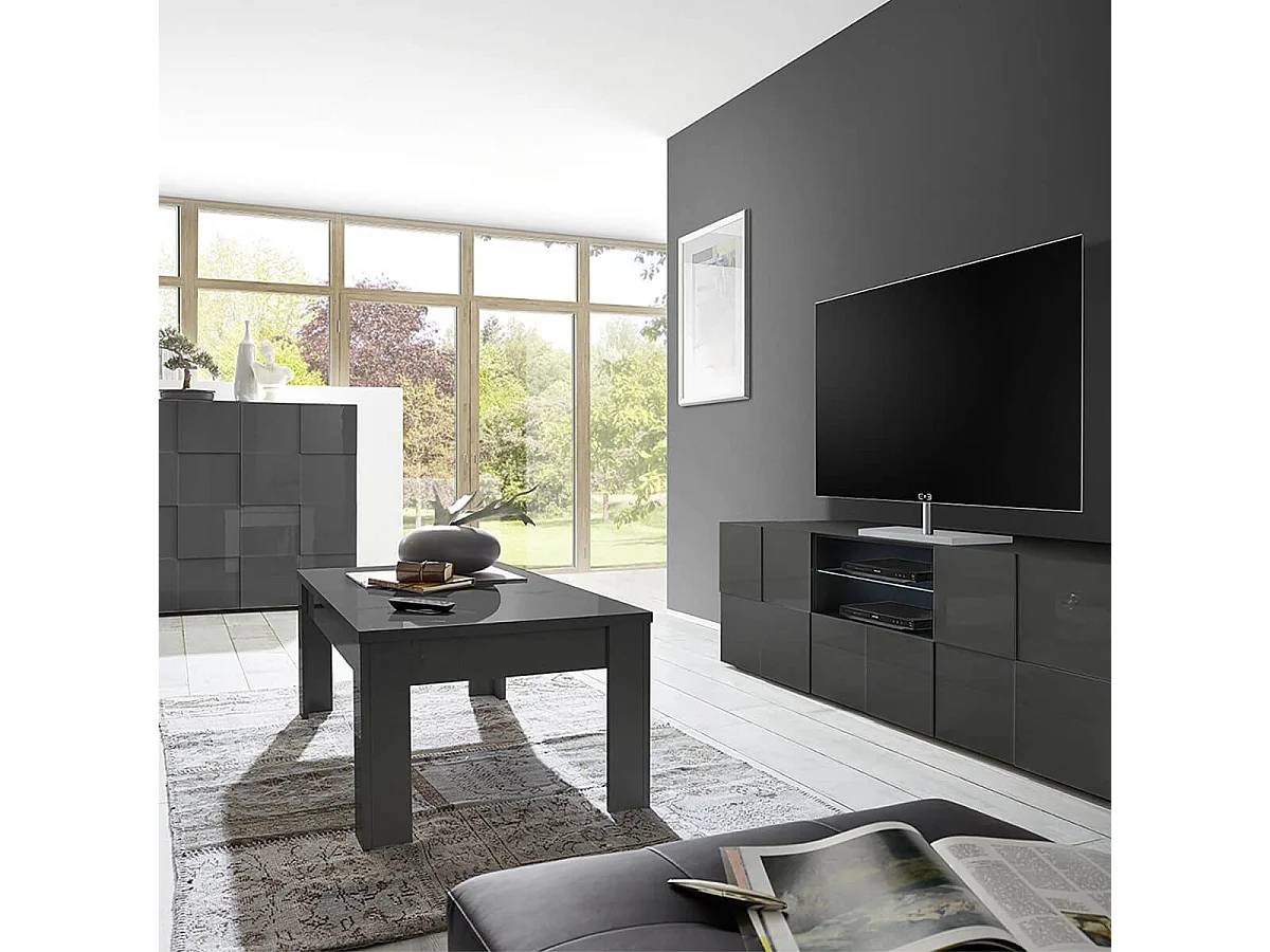 REBECCA - Ensemble Salon complet Meuble TV 181 cm Laqué Gris Carbone Relief Damiers