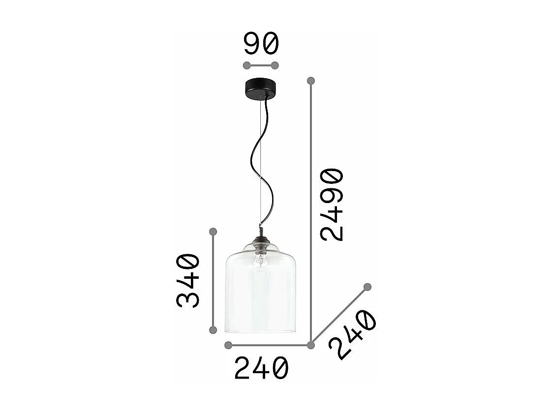 Ideal Lux Bistro' - 1 licht Dome Deckenanhänger Schwarz Klar mundgeblasenes Glasquadrat, E27