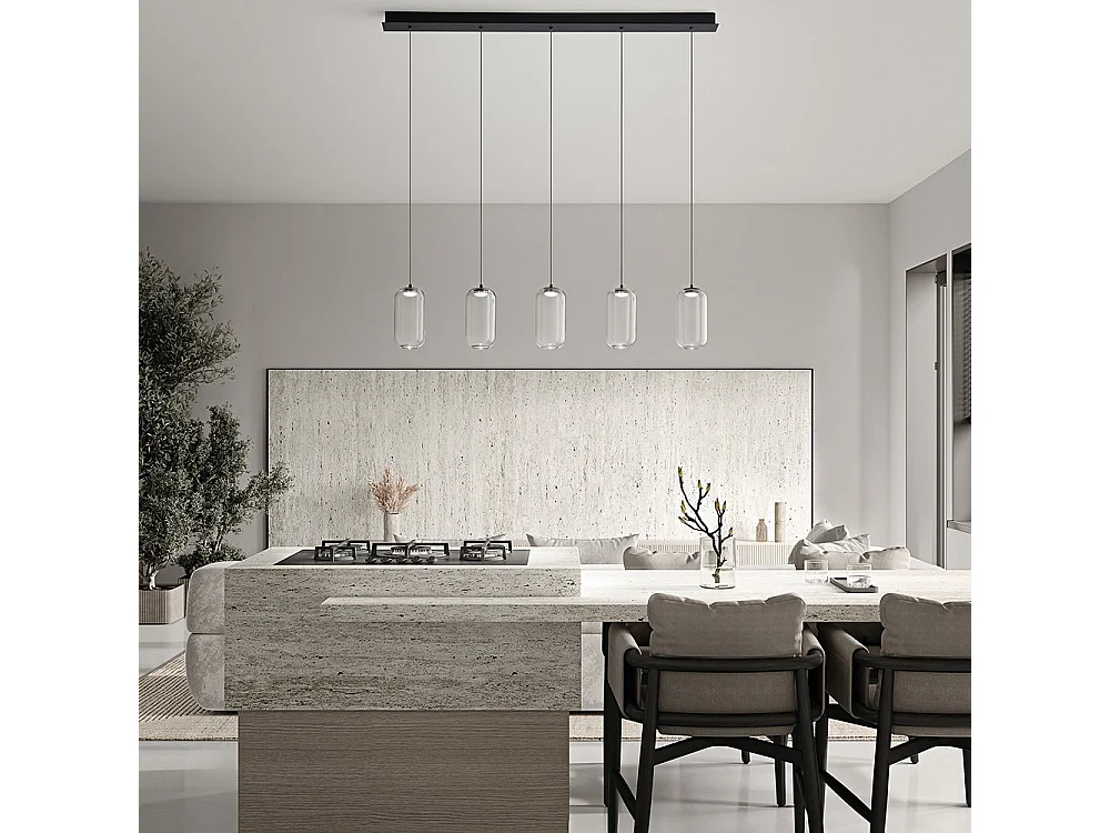 Candeeiro de Suspensão LED 5 Luzes em Alumínio e Metal Preto Mate, Design Moderno Linear, 25W, 3000K, Luz Quente Acolhedora - Perenz Iluminação
