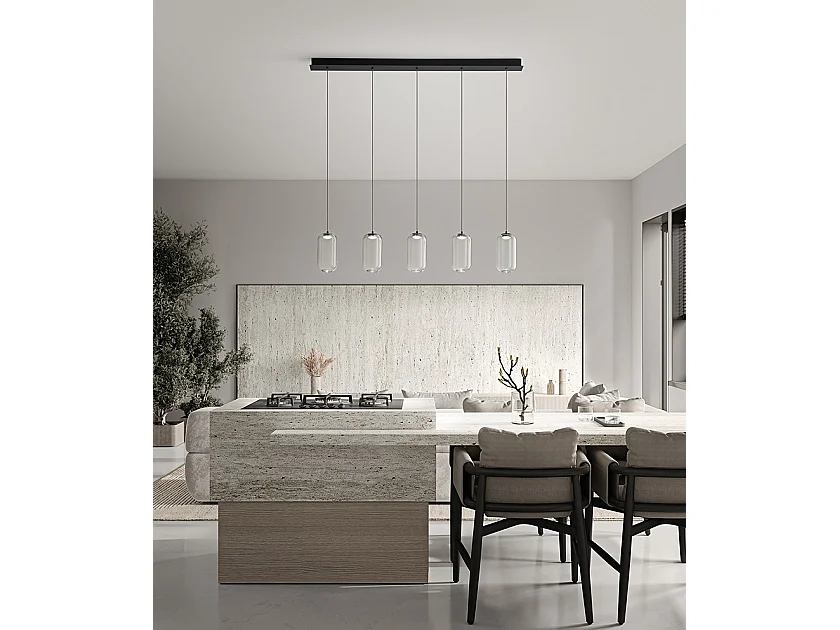 Candeeiro de Suspensão LED 5 Luzes em Alumínio e Metal Preto Mate, Design Moderno Linear, 25W, 3000K, Luz Quente Acolhedora - Perenz Iluminação