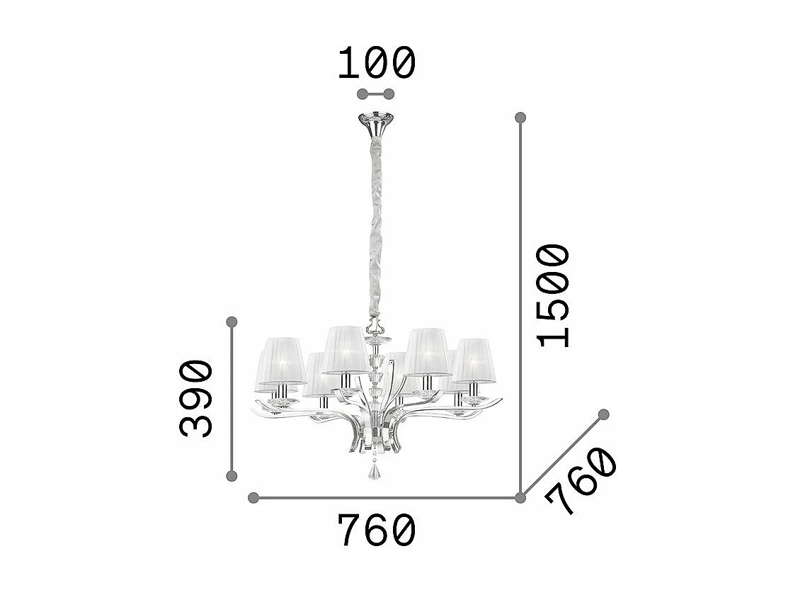 Ideal Lux Pegaso - Lampadario multibraccio a 8 luci in cristallo cromato, finitura bianca, attacco E14