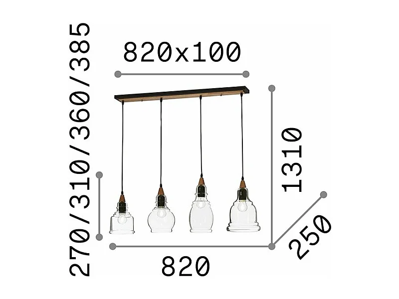 Ideal Lux Gretel - Barra colgante de techo con 4 luces, color negro con pantallas de vidrio transparente, E27