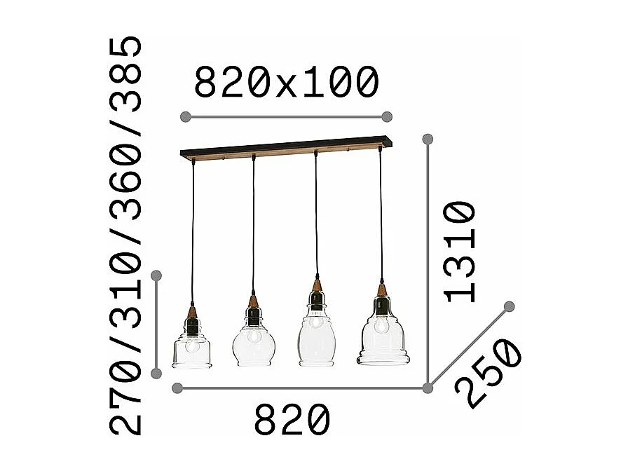 Ideal Lux Gretel - Barra colgante de techo con 4 luces, color negro con pantallas de vidrio transparente, E27