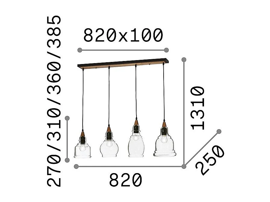 Ideal Lux Gretel - Barra colgante de techo con 4 luces, color negro con pantallas de vidrio transparente, E27