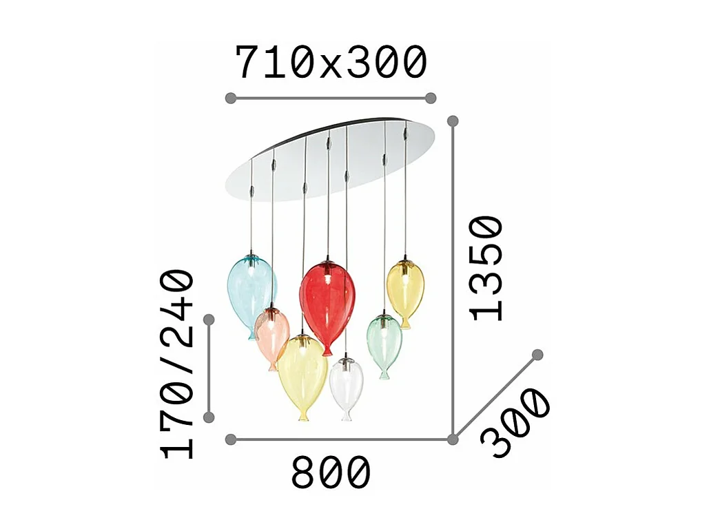 Ideal Lux Clown - 7 licht Oval Balloon Cluster Anhänger Mehrfarbig, G9