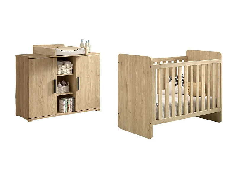 MARCO - Chambre Bébé Lit 60x120cm + Meuble à langer Aspect Chêne clair