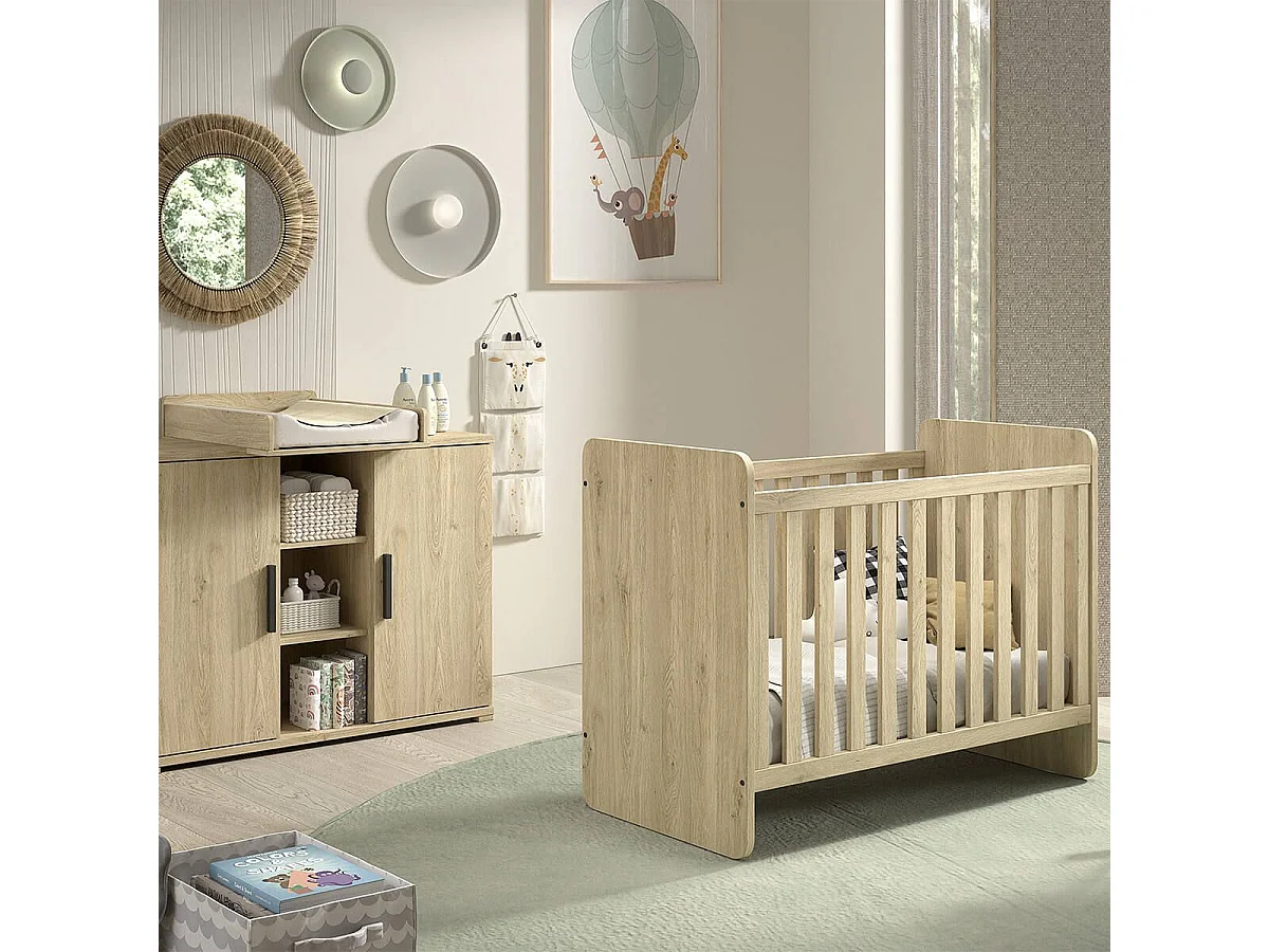 MARCO - Chambre Bébé Lit 60x120cm + Meuble à langer Aspect Chêne clair
