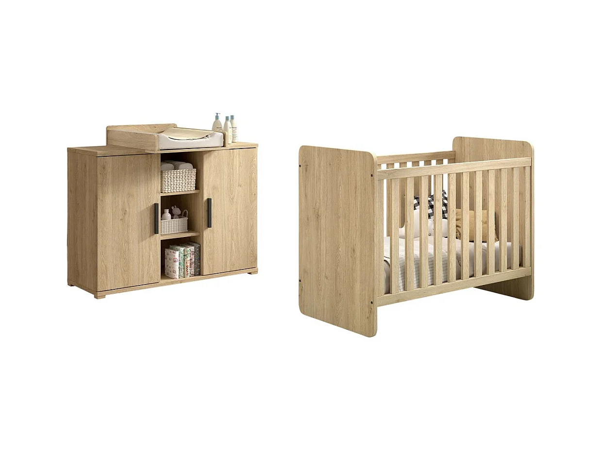 MARCO - Chambre Bébé Lit 60x120cm + Meuble à langer Aspect Chêne clair