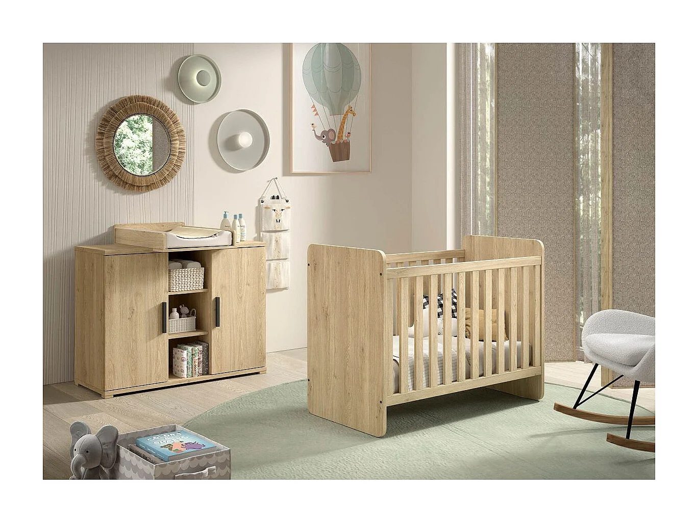 MARCO - Chambre Bébé Lit 60x120cm + Meuble à langer Aspect Chêne clair