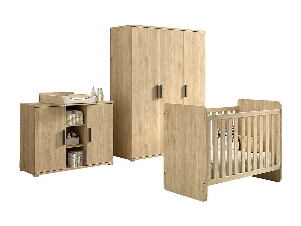 MARCO - Chambre Bébé Lit 60x120cm + Meuble à langer + Armoire 3P Aspect Chêne clair