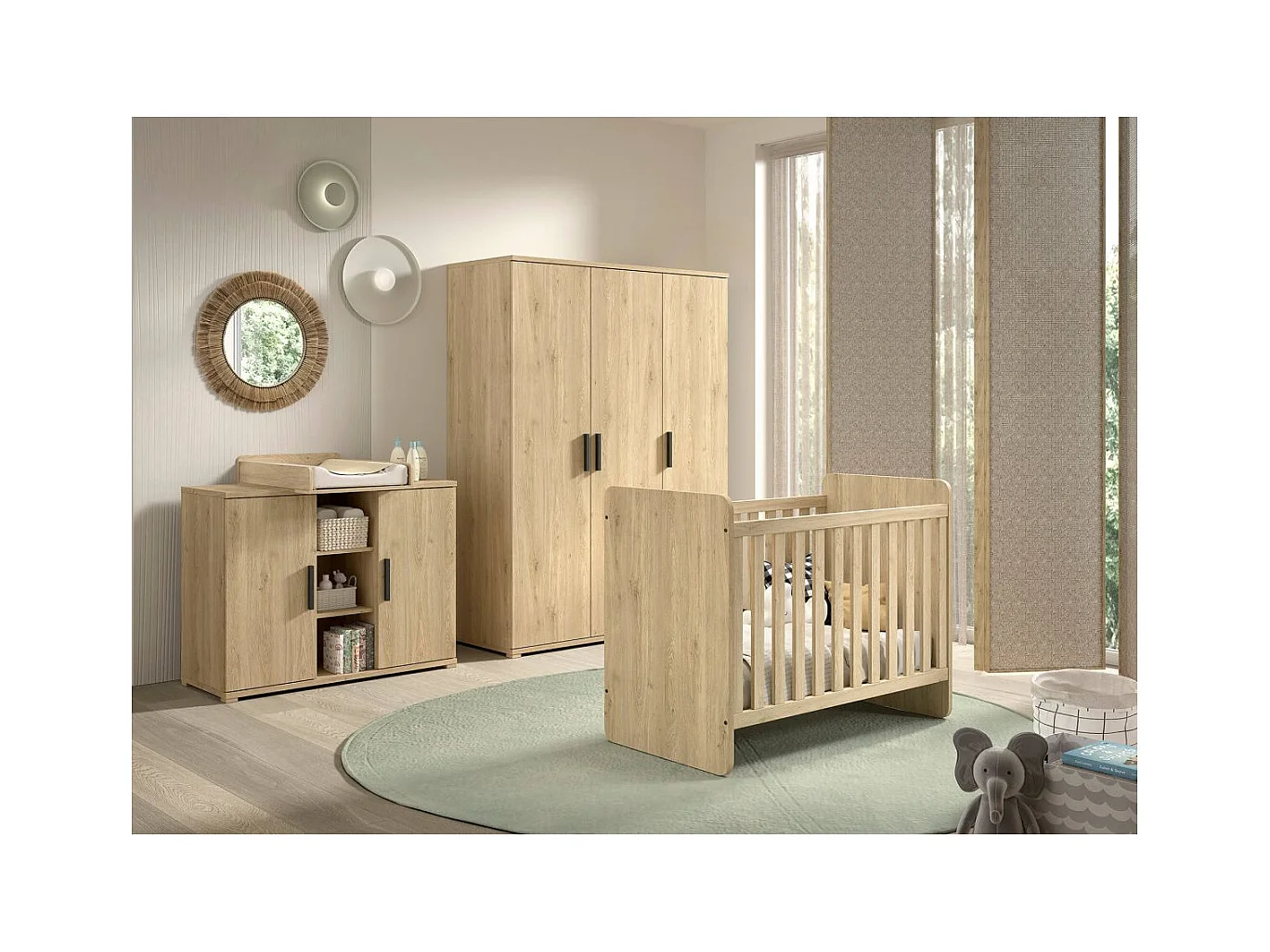 MARCO - Chambre Bébé Lit 60x120cm + Meuble à langer + Armoire 3P Aspect Chêne clair