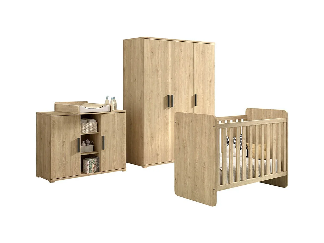 MARCO - Chambre Bébé Lit 60x120cm + Meuble à langer + Armoire 3P Aspect Chêne clair