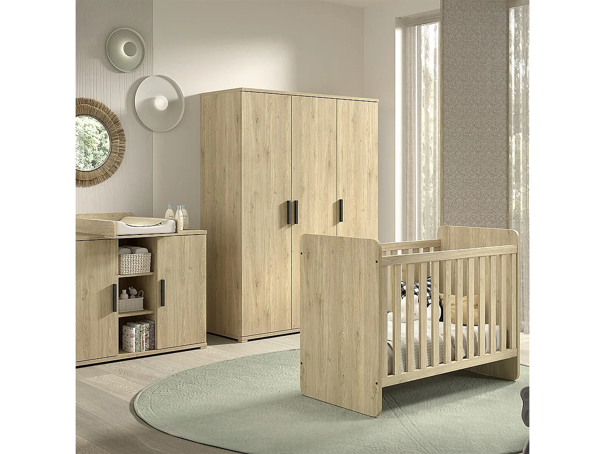 MARCO - Chambre Bébé Lit 60x120cm + Meuble à langer + Armoire 3P Aspect Chêne clair