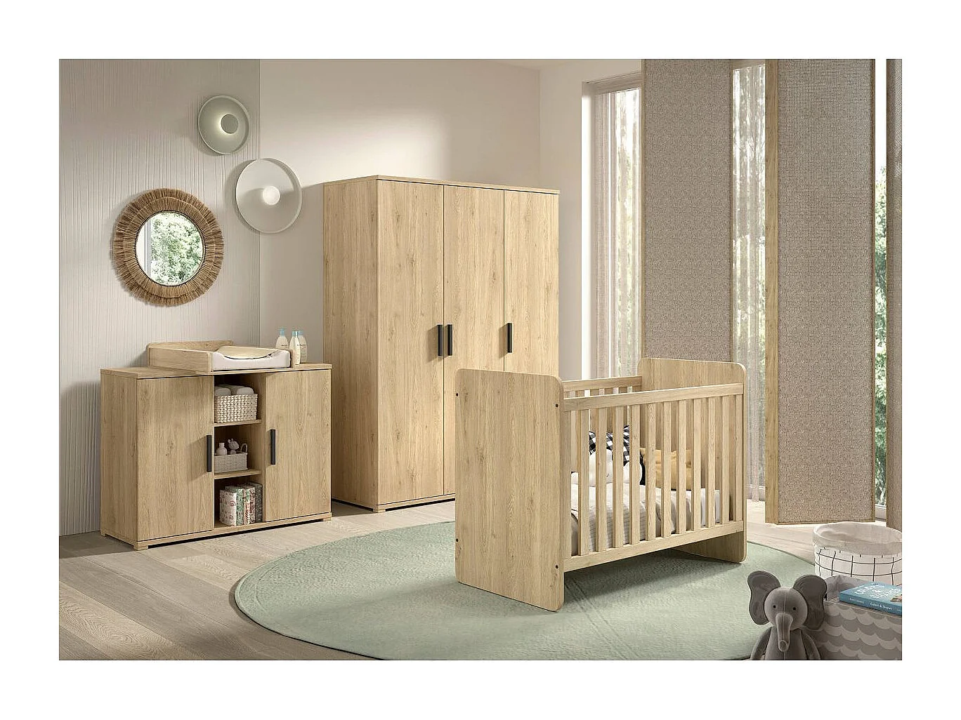 MARCO - Chambre Bébé Lit 60x120cm + Meuble à langer + Armoire 3P Aspect Chêne clair