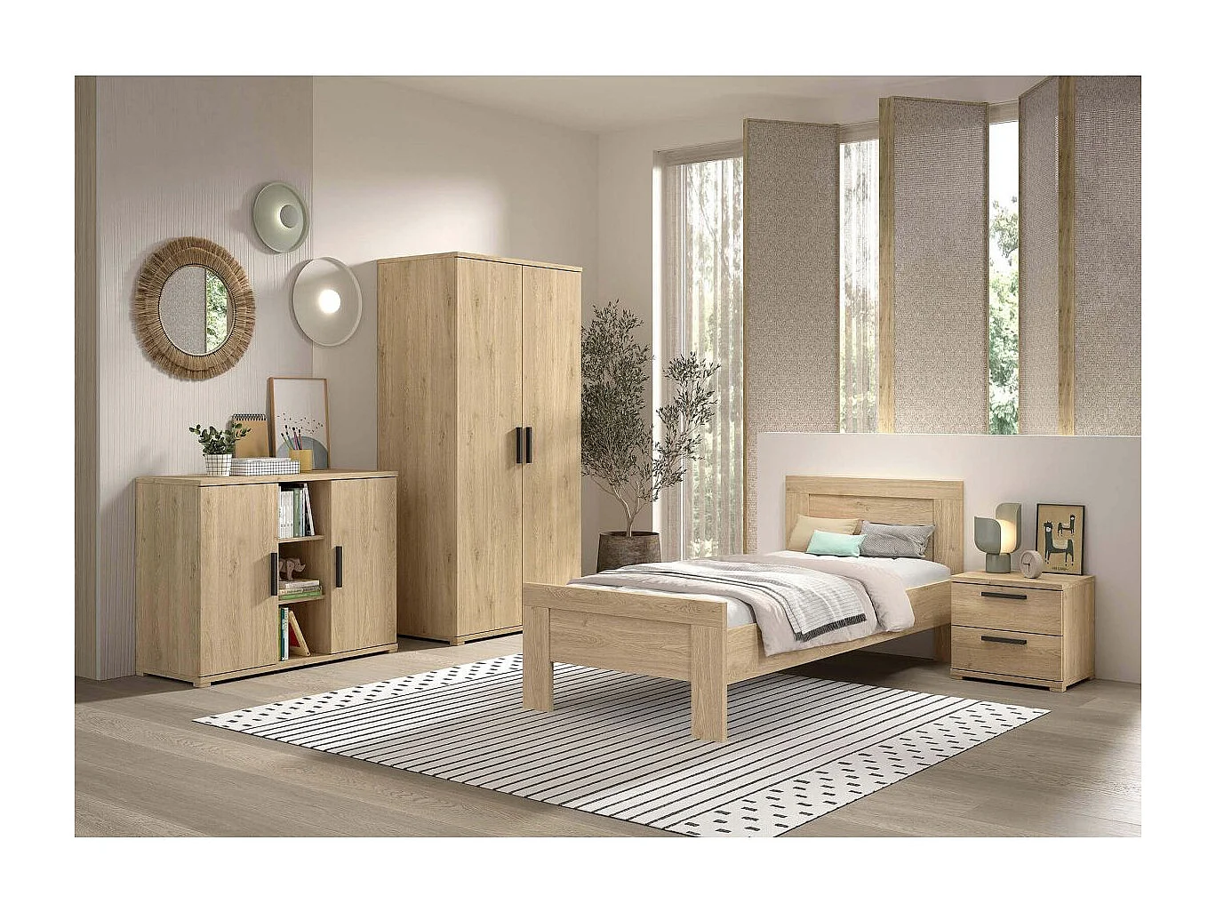 MARCO - Chambre Enfant Complète Lit 90x200cm Chevet Armoire 2P et Commode Aspect Chêne