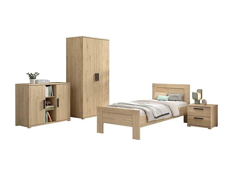 MARCO - Chambre Enfant Complète Lit 90x200cm Chevet Armoire 2P et Commode Aspect Chêne