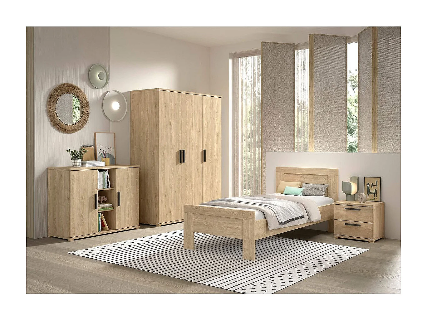 MARCO - Chambre Enfant Complète Lit 90x200cm Chevet Armoire 3P et Commode Aspect Chêne