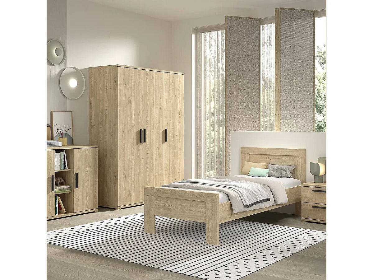 MARCO - Chambre Enfant Complète Lit 90x200cm Chevet Armoire 3P et Commode Aspect Chêne