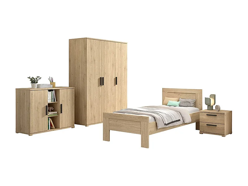 MARCO - Chambre Enfant Complète Lit 90x200cm Chevet Armoire 3P et Commode Aspect Chêne