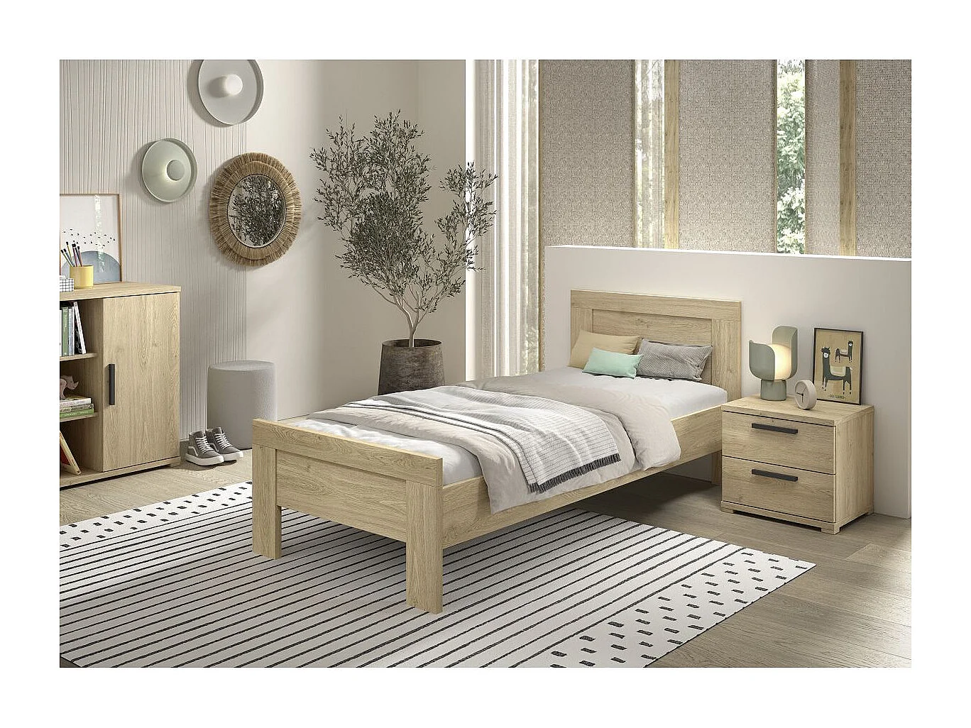 MARCO - Chambre Enfant Lit 90x200cm + Chevet Aspect Chêne clair